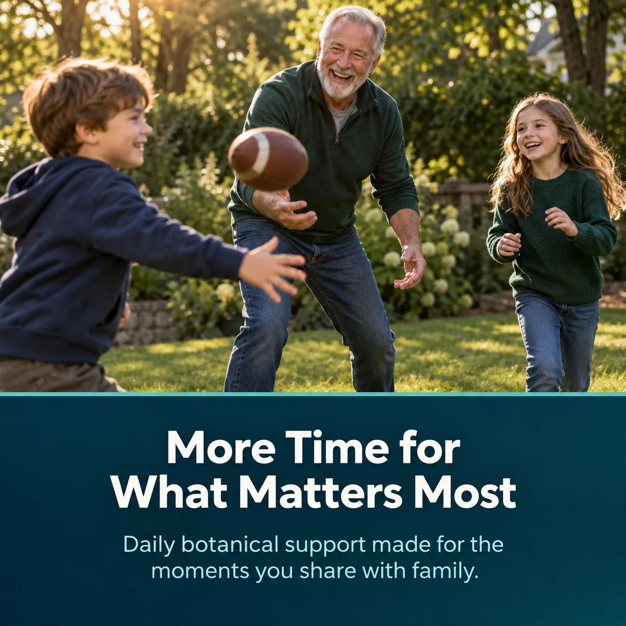 Grandfather playing football outdoors with his grandchildren