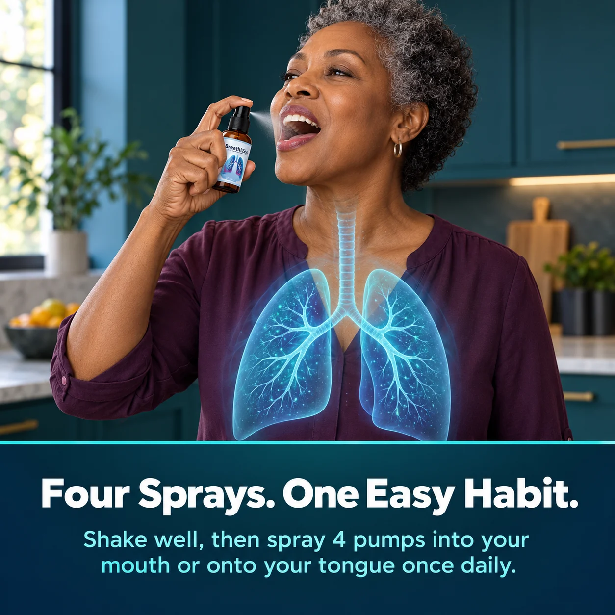 Woman taking four pumps of BreathiZen oral spray