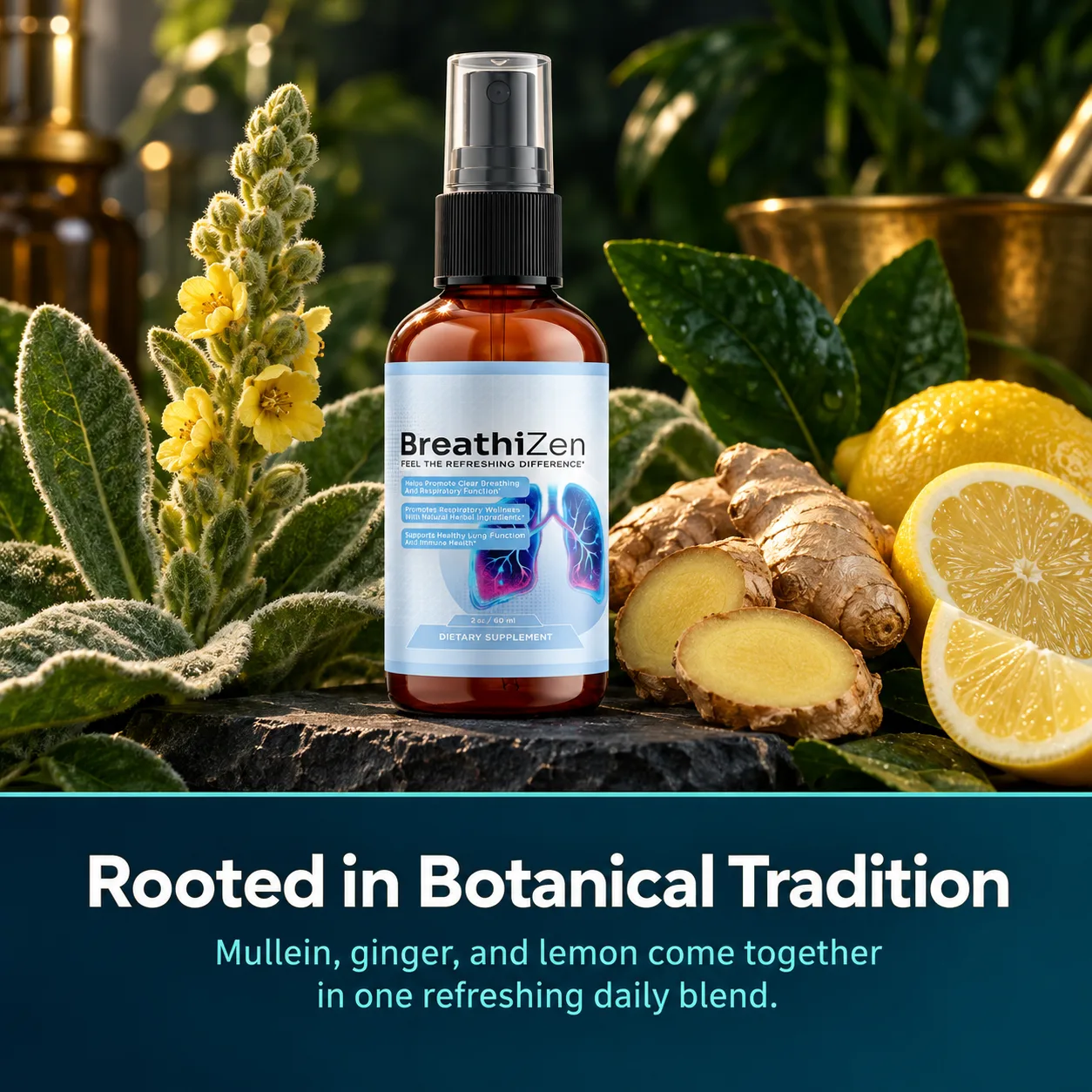 BreathiZen bottle with mullein, ginger root and lemon